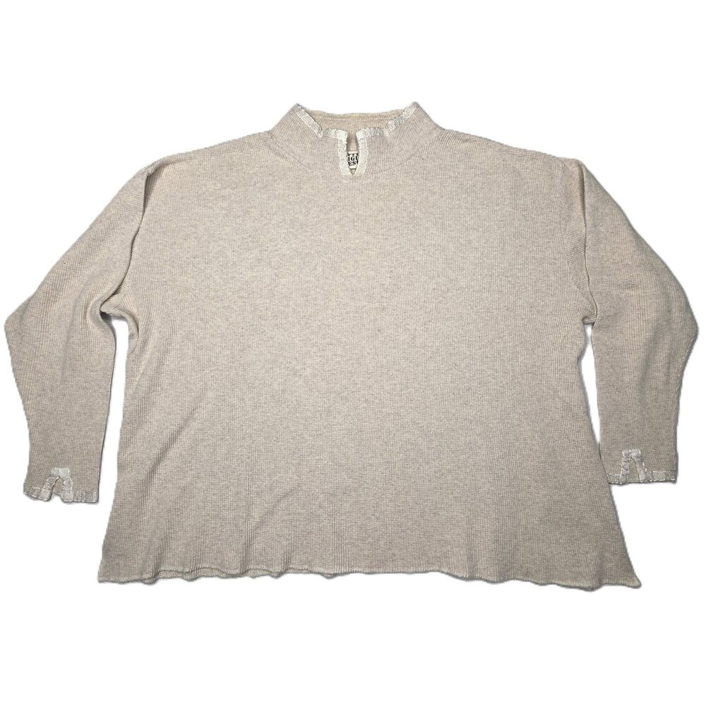 Vintage Fitigues Womens L Waffle Knit LS Mock Neck Pullover Cream Cotton USA
